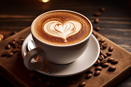 Cup of coffee with heart shape latte art and coffee beans by Generative Ai.の素材