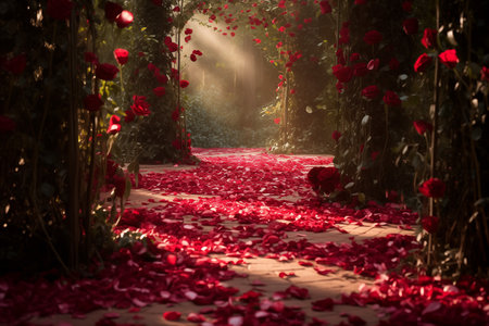 Magical red rose petal trail leading out through a surprise. Idyllic tranquil fantasy scene by Generative Aiの素材