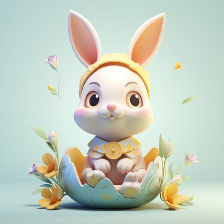 Cute sitting in cracked eggshell. Concept of Easter egg hunt. By generative Aiの素材