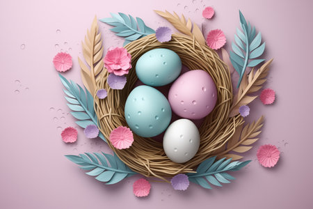 Top view of colorful easter eggs in the nest. Greetings and presents for Easter Day. By generative Aiの素材