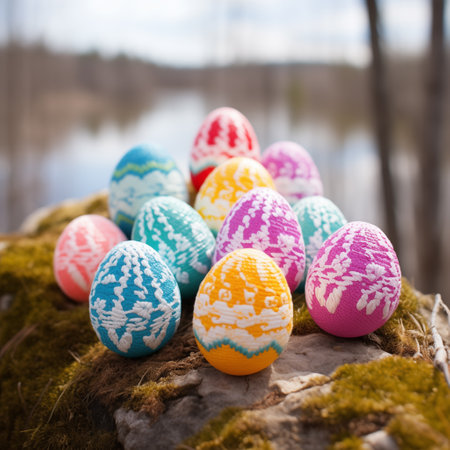 Happy Easter crochet composition. Easter eggs made in crochet and colored wool. Amigurumi eggs. By generative Aiの素材