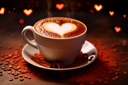 Cup of coffee latte with heart shape and coffee beans by Generative Ai.の素材