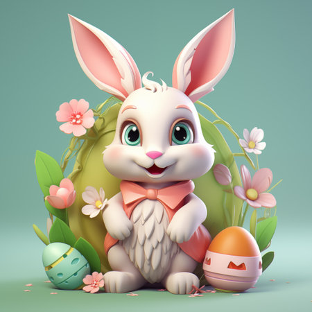 Cute bunny with colorful Easter eggs. Concept of Easter egg hunt. By generative Aiの素材