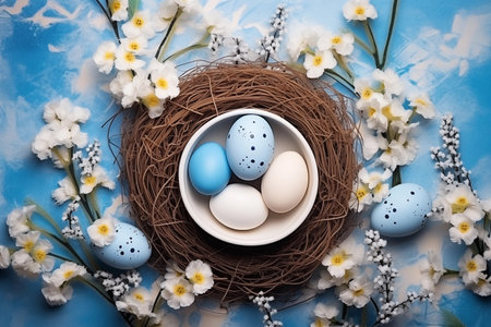 Blue and white Easter eggs in nest with flowers decoration. Top view. by generative Aiの素材