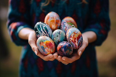 Woman hands holding painted easter eggs. By generative Aiの素材