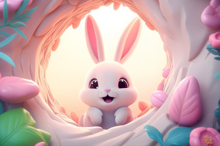 White cute bunny in the hole. Pastel color. By generative Aiの素材