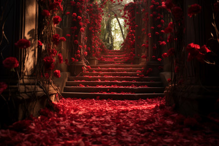 Red rose petal trail leading to a surprise. Idyllic tranquil fantasy scene by Generative Aiの素材