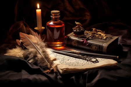 Love letter with a quill pen and inkwell. Retro style by Generative Aiの素材