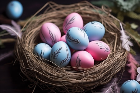 Colorful easter eggs in the nest. Greetings and presents for Easter Day. By generative Aiの素材