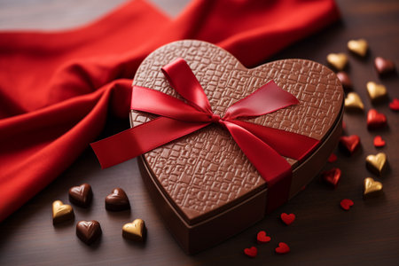 Heart shape box with chocolate candies, red ribbon and heart shaped decoration for Valentine's Day By Generative Aiの素材
