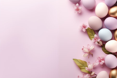 Pastel Easter eggs on pink background top view. By generative Aiの素材