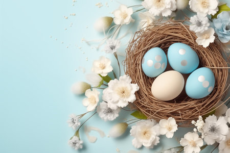 Blue and white Easter eggs in nest with flowers by generative Aiの素材