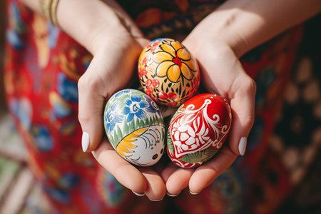 Woman hands holding painted easter eggs. By generative Aiの素材