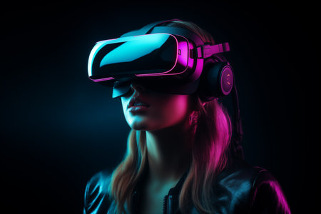 Young woman in glasses of virtual reality. Augmented reality, science future technology concept. Neon light. By generative Aiの素材