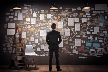 Rear view of a businessman looking at the blackboard with data and statistics to build an investment strategy for the startup. By generative Aiの素材