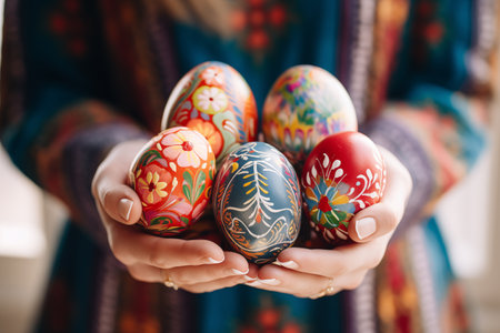 Woman hands holding painted easter eggs. By generative Aiの素材