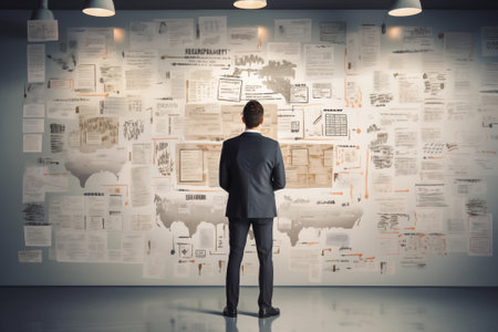 Rear view of a businessman looking at the whiteboard with data and statistics to build an investment strategy for the startup. By generative Aiの素材