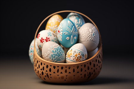 Colorful handmade easter eggs in the basket. Happy easter concept. By generative Aiの素材