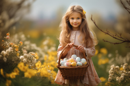 Adorable little girl holding a basket with Easter eggs outdoors on spring day. By generative Aiの素材