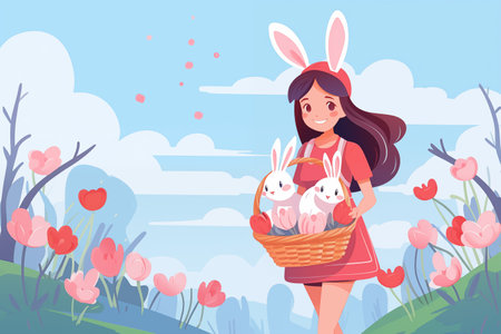 Cute girl holding a basket with Easter eggs outdoors on spring day. Cartoon illustration by generative Aiの素材
