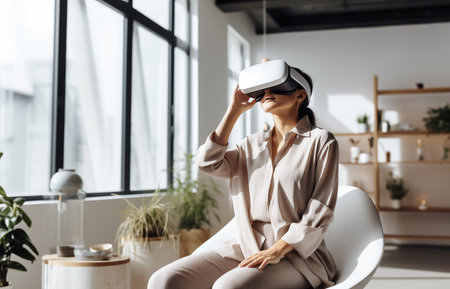 Woman wearing virtual reality glasses in modern interior design coworking studio. Woman in vr glasses playing video games with virtual reality headset. By generative Aiの素材