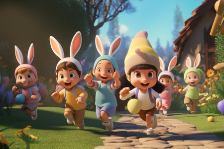 Children wearing bunny ears running to pick up eggs on easter egg hunt in garden. 3D cartoon. By generative Aiの素材