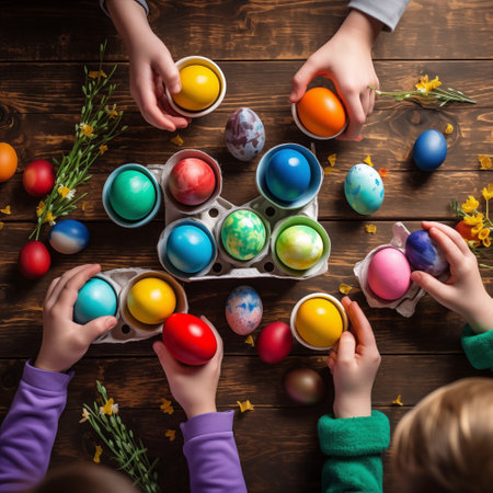 Top view fo children are painting easter eggs on wood table. Happy family preparing for Easter. By generative Aiの素材