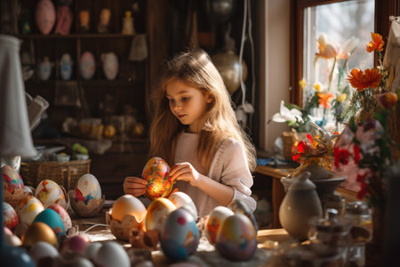 Happy little girl painting easter eggs. Happy girl preparing for Easter. By generative Aiの素材