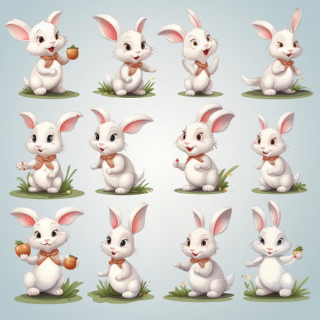 Collection of white easter rabbit in different poses. cartoon illustration character design by generative Aiの素材