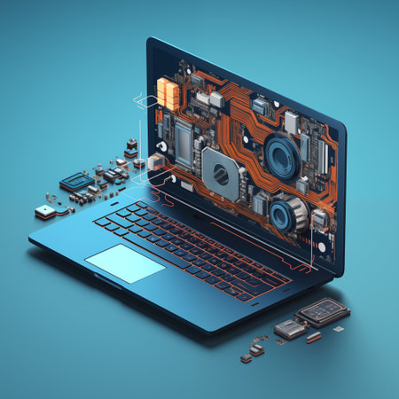 Isometric of laptop with mainboard and circuit system. computer service concept. By generative Aiの素材