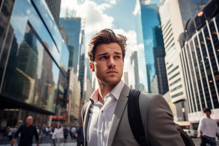 Successful business man standing among office buildings with cityscape. skyscraper in the background. By generative Aiの素材