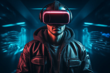 Man in glasses of virtual reality. Augmented reality, science future technology concept. Neon light. By generative Aiの素材