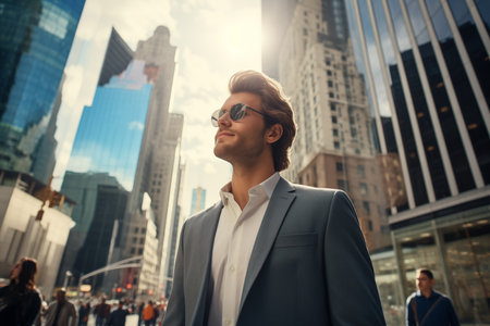 Successful business man standing among office buildings with cityscape. skyscraper in the background. By generative Aiの素材