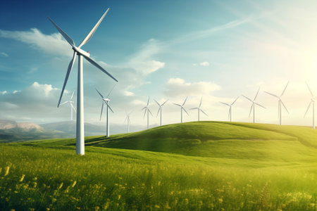 Wind farm or wind park with high wind turbines for generation electricity. Green energy concept. By generative Aiの素材