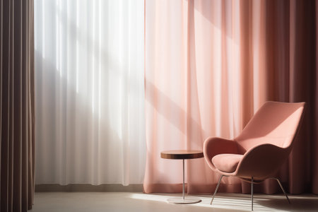 Armchair near light curtain in minimal interior design. By generative Aiの素材