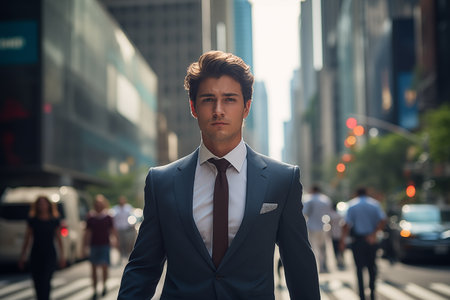 Successful business man walking through office buildings with cityscape. skyscraper in the background. By generative Aiの素材