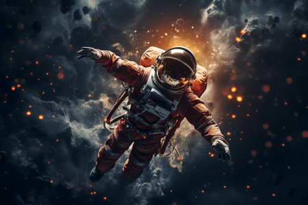 Astronaut floating in space in front of exploding meteorite. Human space flight. By generative Aiの素材
