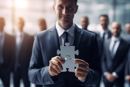 Businessman holding a piece of jigsaw puzzle with businessmen team in the background. By generative Aiの素材