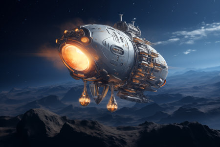 Alien spaceship in the Universe. spacecraft flying on planet. By generative Aiの素材