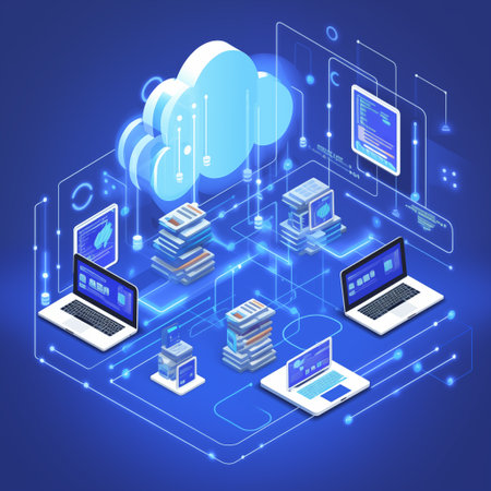 Concepts Cloud storage. Header for website with Computer, laptop, smartphone on blue background. Isometric illustration by generative Aiの素材