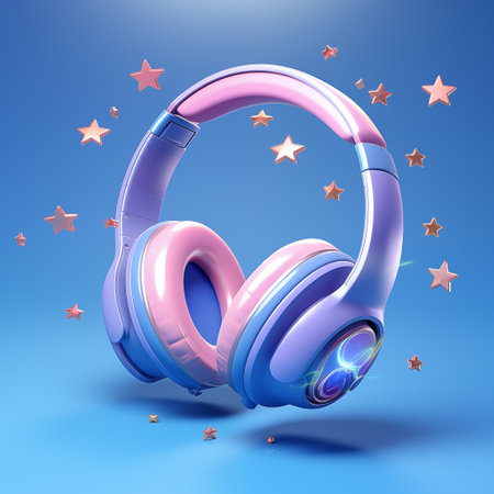 3D Realistic headphones in trendy color around the stars. Object for music or game concept. Illustration by generative Aiの素材