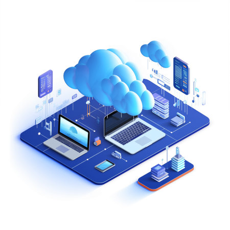 Concept of cloud computing technology, cloud symbol with digital devices. Isometric illustration by generative Aiの素材