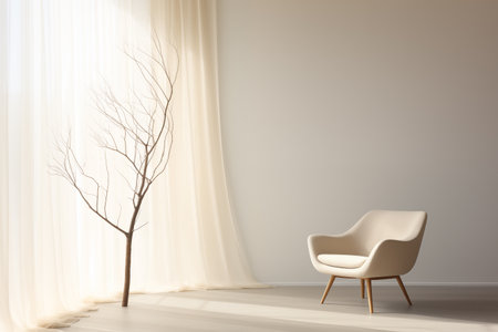 Armchair near light curtain in minimal interior design. By generative Aiの素材