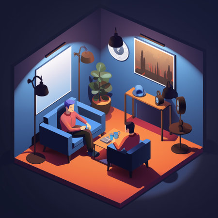 Room interior design with sofa armchair coffee table tenants isometric view illustration. By generative Aiの素材