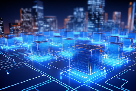 Smart chip processor with buildings. Big data connection technology concept. By generative Aiの素材