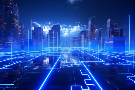Smart chip processor with buildings. Big data connection technology concept. By generative Aiの素材