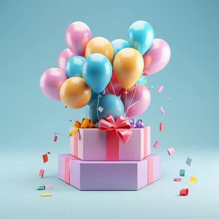 3D gift box with balloons. Birthday, party or other promotion social media banners. Greeting and celebrate concept. 3d illustration by generative Aiの素材