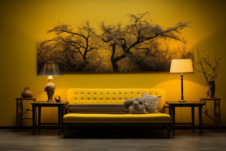 Wooden bench with pillows in yellow interior with poster and plant decoration. By generative Aiの素材