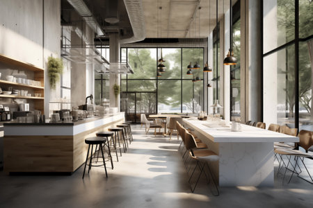 Interior of modern coffee shop with raw concrete wall, cement floor, bar counter with stools. By generative Aiの素材