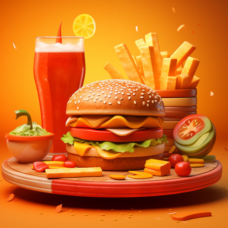 3d cheese burger with soft drink and fries potatoes. By generative Aiの素材